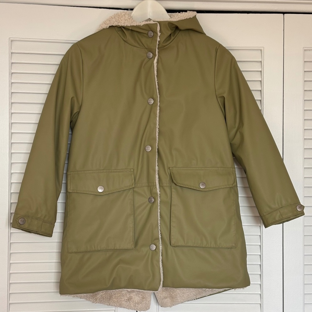 ZARA Rubbered Rain Coat Green Fur Hooded Warm Unisex Size 9